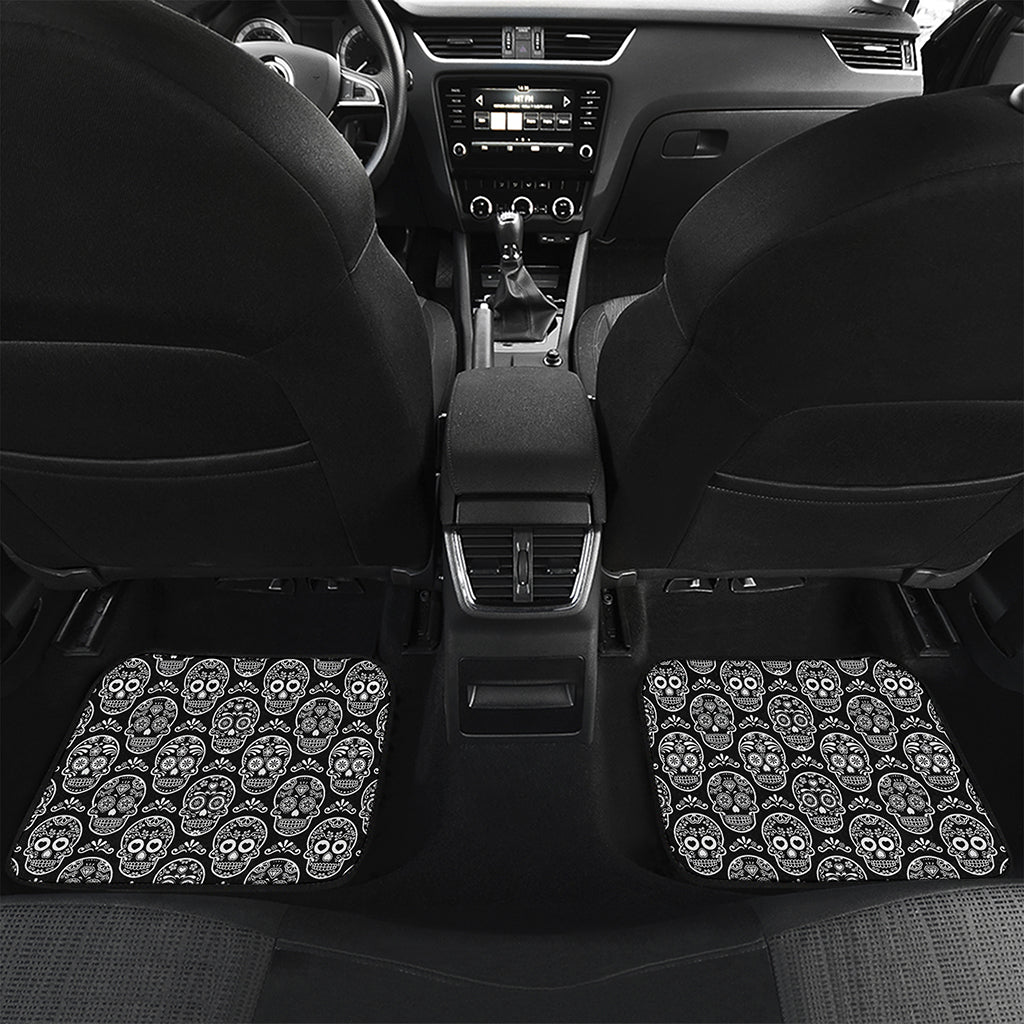 Black And White Calavera Skull Print Front and Back Car Floor Mats