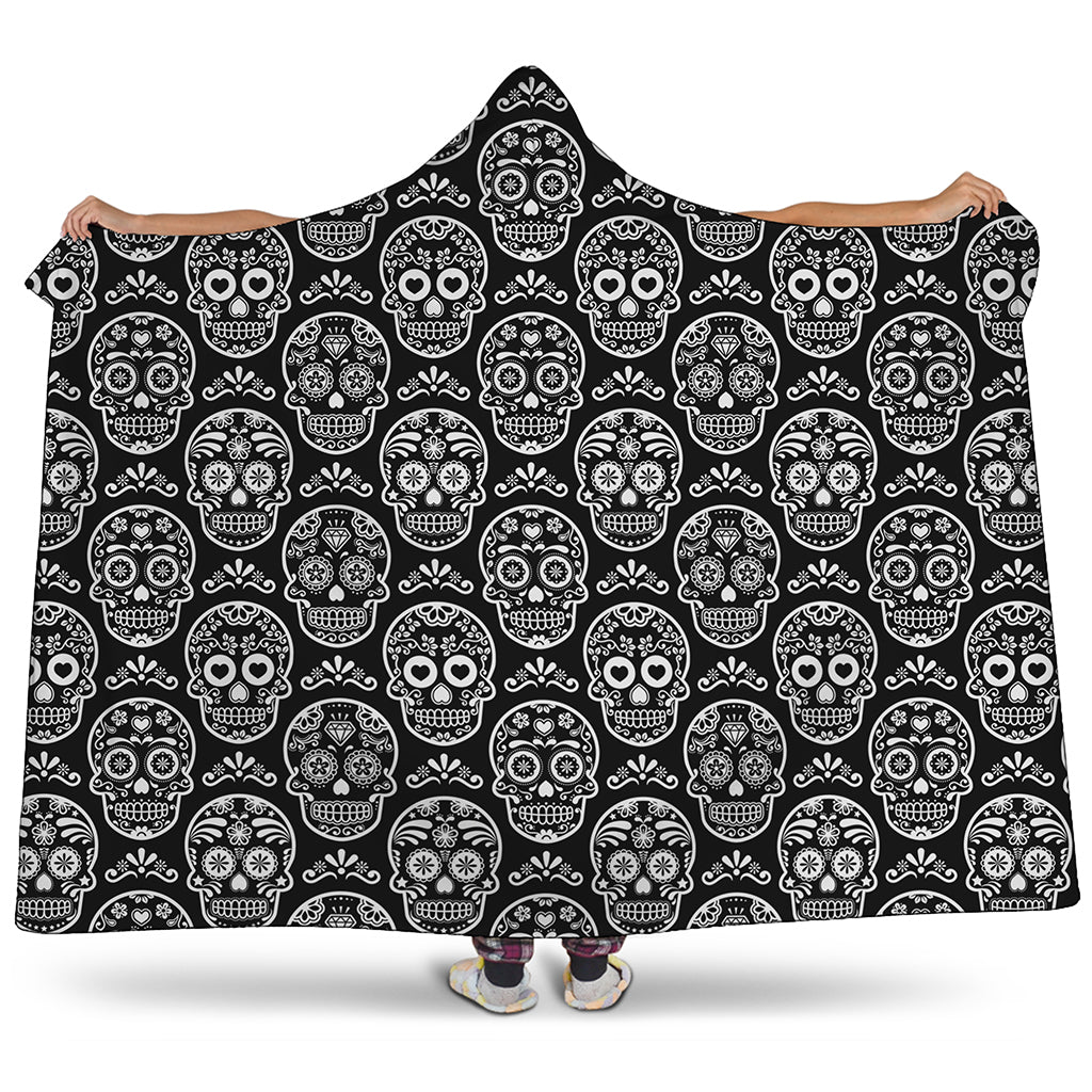 Black And White Calavera Skull Print Hooded Blanket