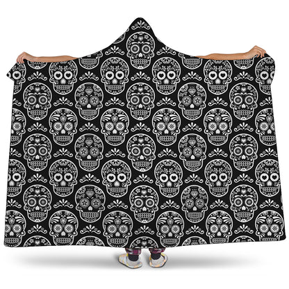 Black And White Calavera Skull Print Hooded Blanket