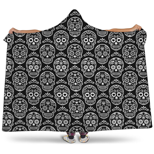 Black And White Calavera Skull Print Hooded Blanket