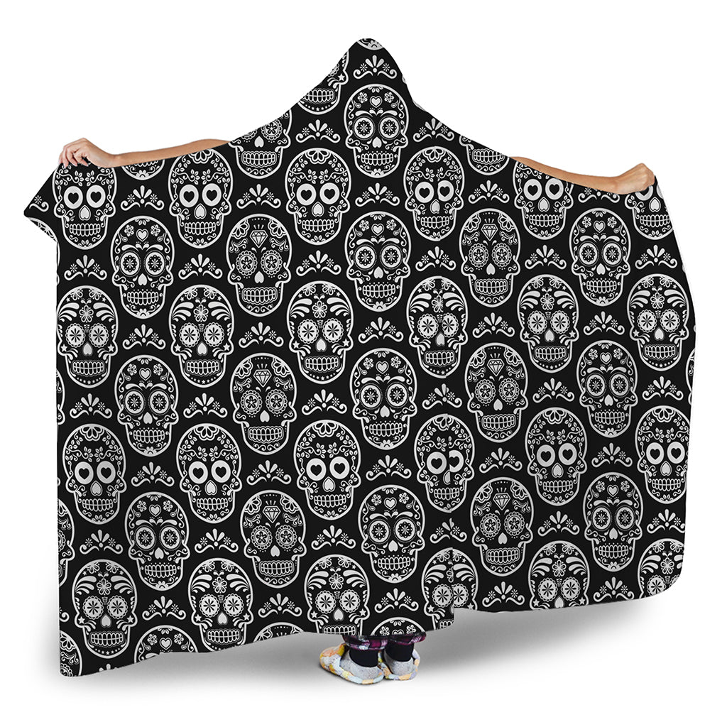 Black And White Calavera Skull Print Hooded Blanket