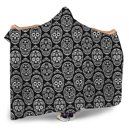 Black And White Calavera Skull Print Hooded Blanket
