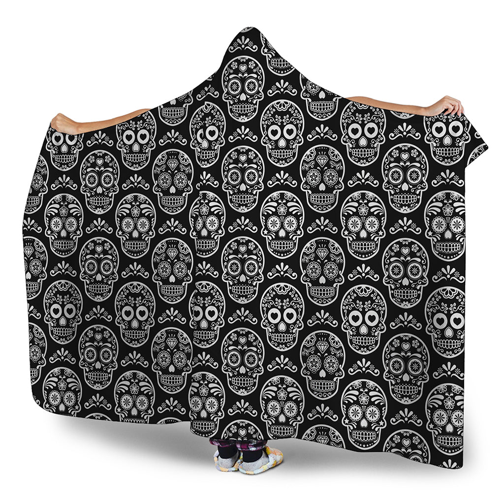 Black And White Calavera Skull Print Hooded Blanket