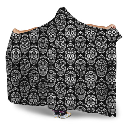 Black And White Calavera Skull Print Hooded Blanket