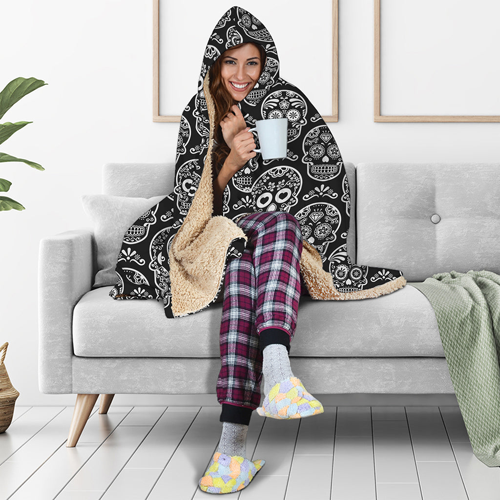Black And White Calavera Skull Print Hooded Blanket