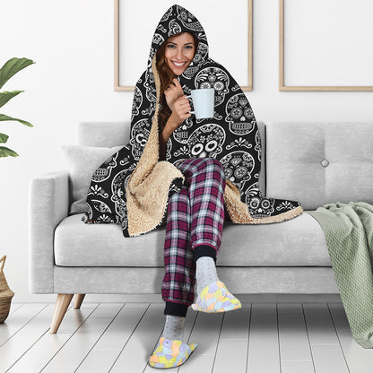 Black And White Calavera Skull Print Hooded Blanket