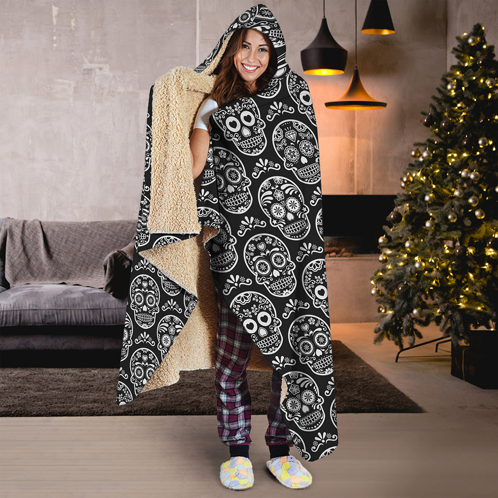Black And White Calavera Skull Print Hooded Blanket