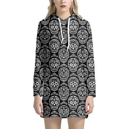 Black And White Calavera Skull Print Hoodie Dress
