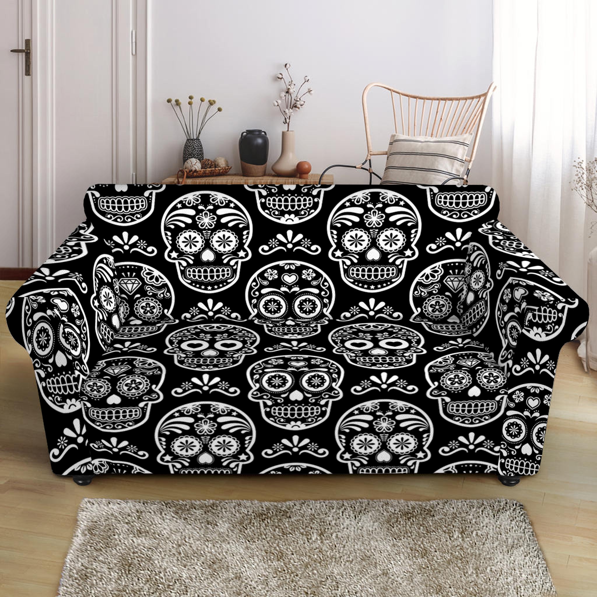 Black And White Calavera Skull Print Loveseat Slipcover