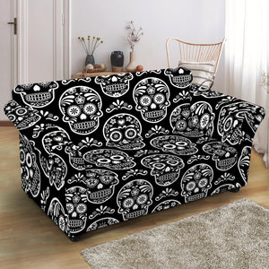 Black And White Calavera Skull Print Loveseat Slipcover