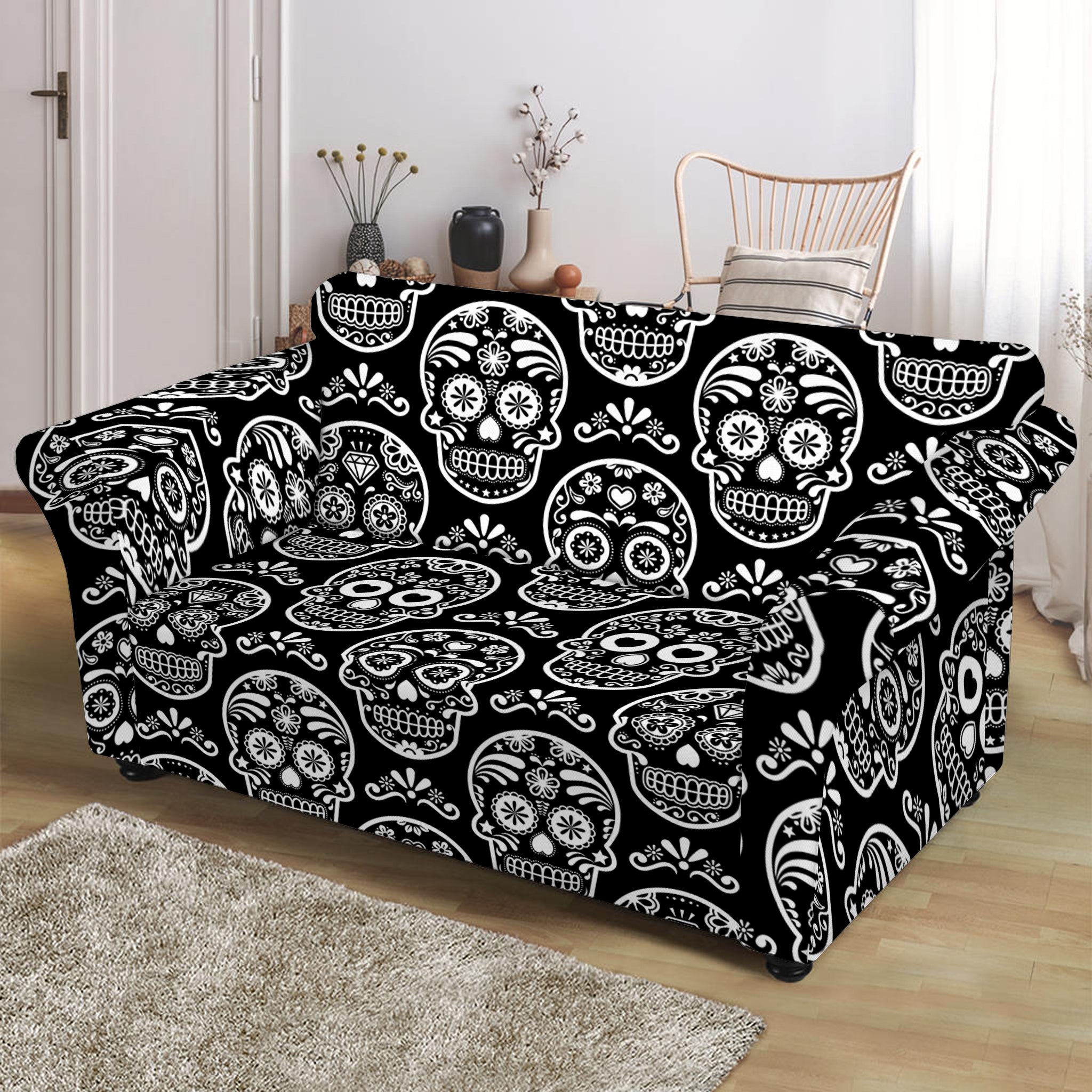 Black And White Calavera Skull Print Loveseat Slipcover