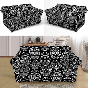 Black And White Calavera Skull Print Loveseat Slipcover