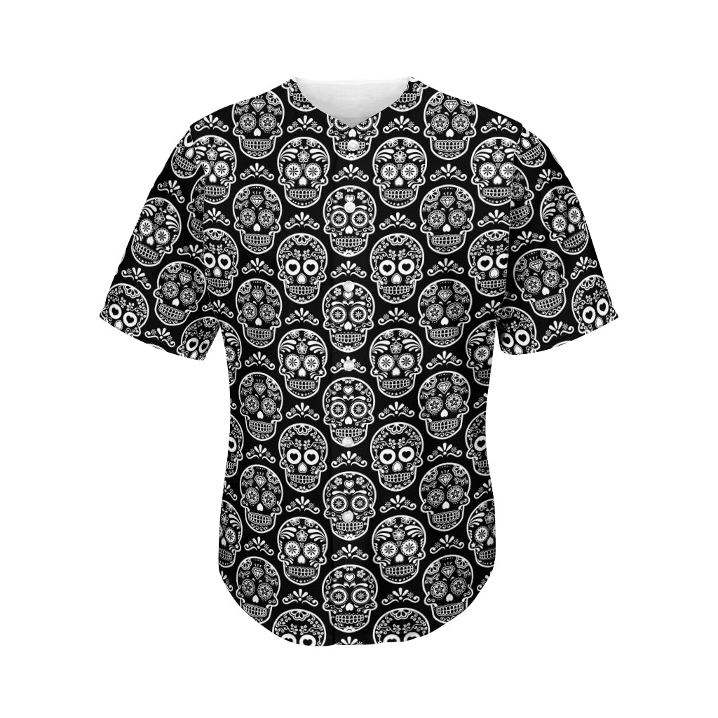 Black And White Calavera Skull Print Men's Baseball Jersey