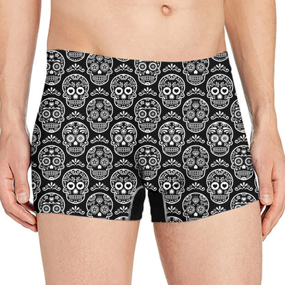 Black And White Calavera Skull Print Men's Boxer Briefs