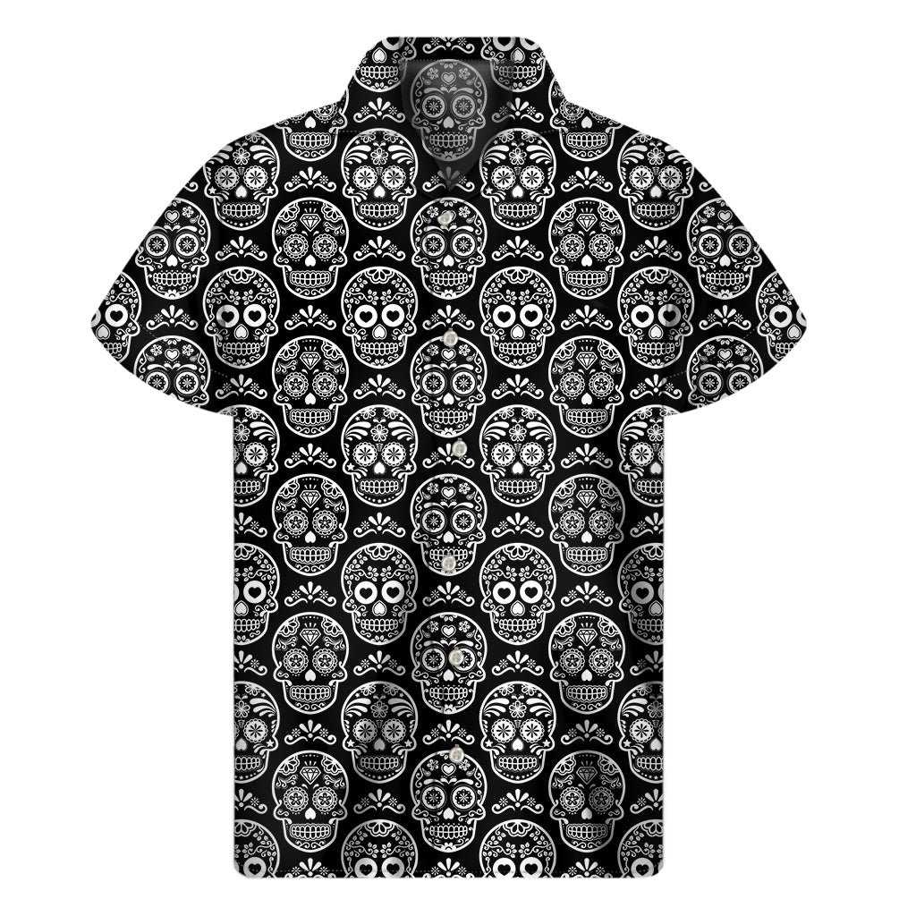 Black And White Calavera Skull Print Men's Short Sleeve Shirt
