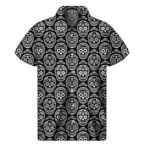 Black And White Calavera Skull Print Men's Short Sleeve Shirt