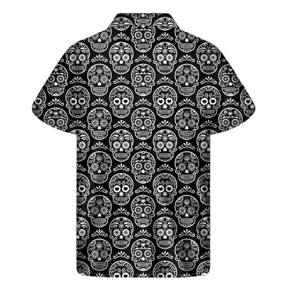 Black And White Calavera Skull Print Men's Short Sleeve Shirt