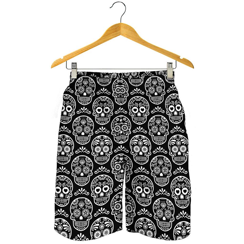 Black And White Calavera Skull Print Men's Shorts