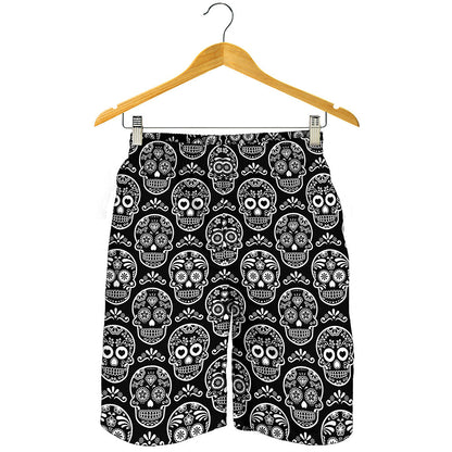 Black And White Calavera Skull Print Men's Shorts