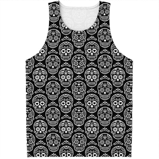 Black And White Calavera Skull Print Men's Tank Top
