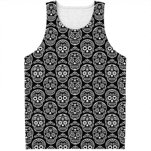 Black And White Calavera Skull Print Men's Tank Top