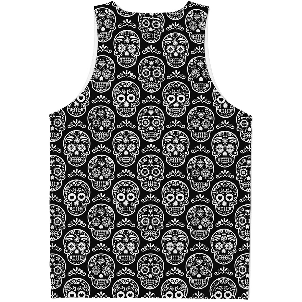 Black And White Calavera Skull Print Men's Tank Top