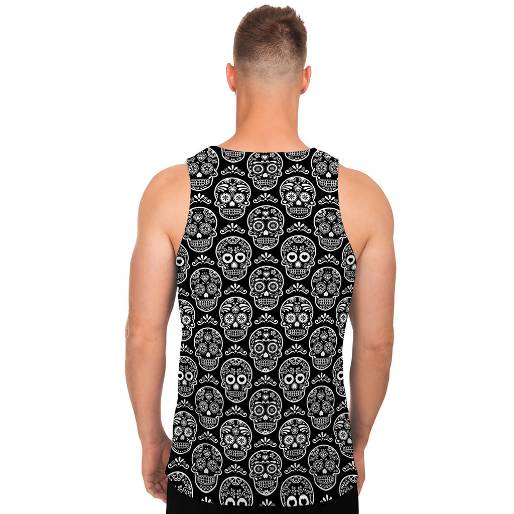 Black And White Calavera Skull Print Men's Tank Top