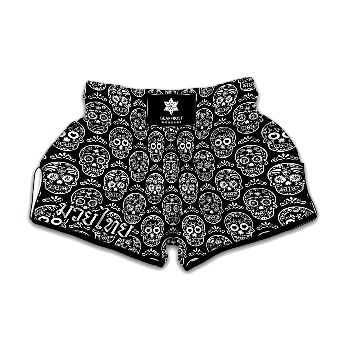 Black And White Calavera Skull Print Muay Thai Boxing Shorts