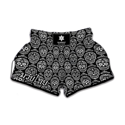 Black And White Calavera Skull Print Muay Thai Boxing Shorts