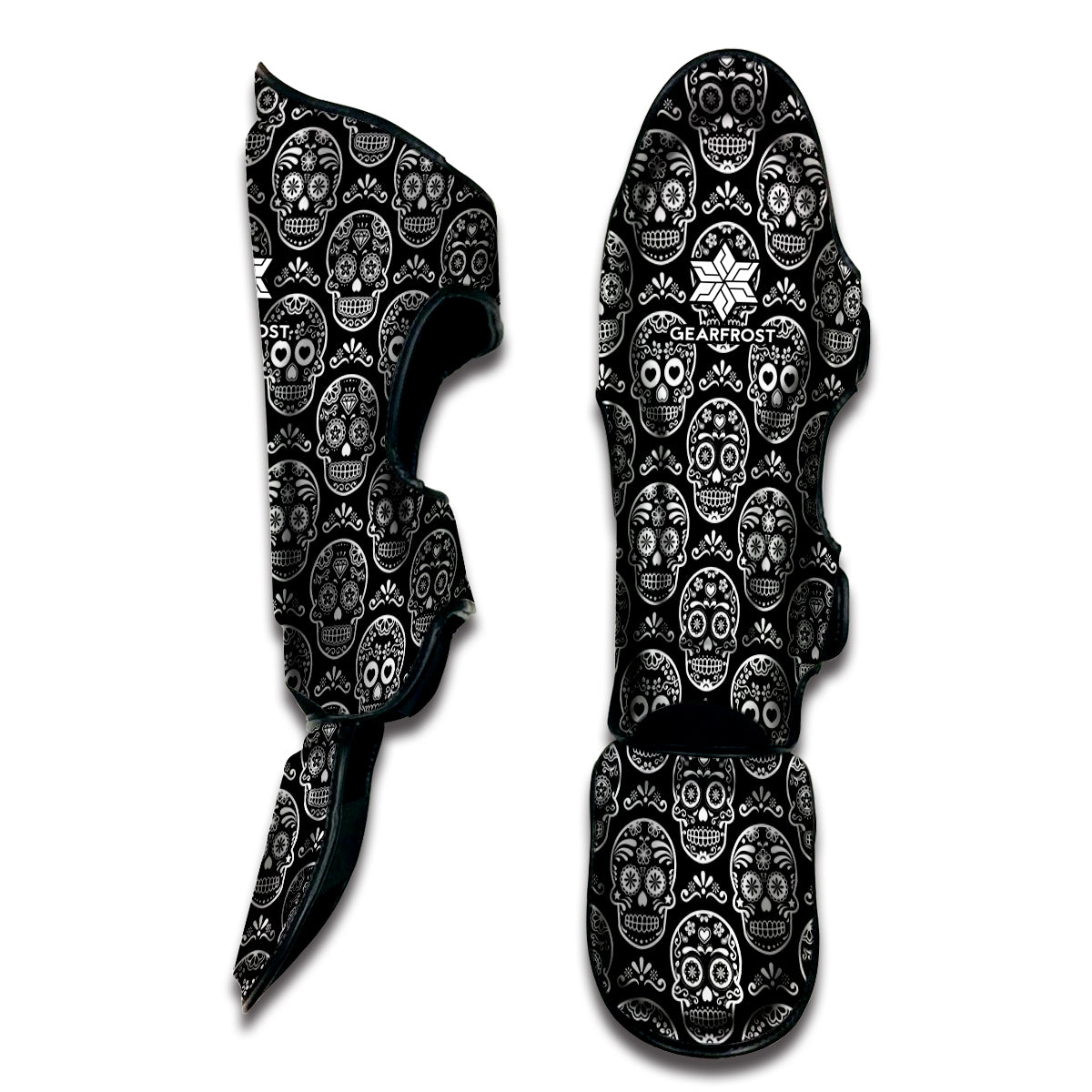 Black And White Calavera Skull Print Muay Thai Shin Guard