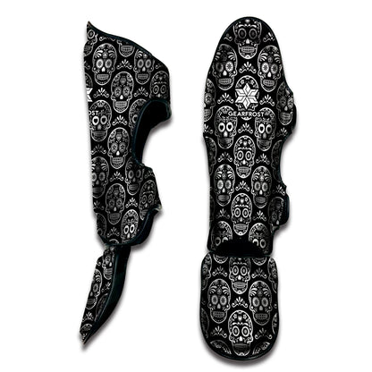 Black And White Calavera Skull Print Muay Thai Shin Guard