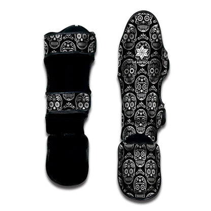 Black And White Calavera Skull Print Muay Thai Shin Guard