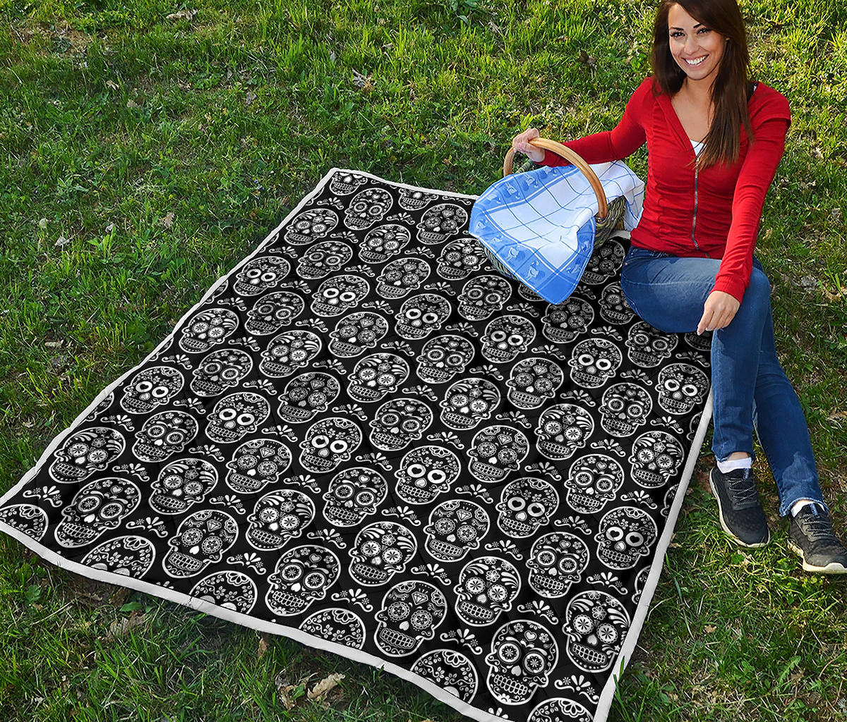 Black And White Calavera Skull Print Quilt