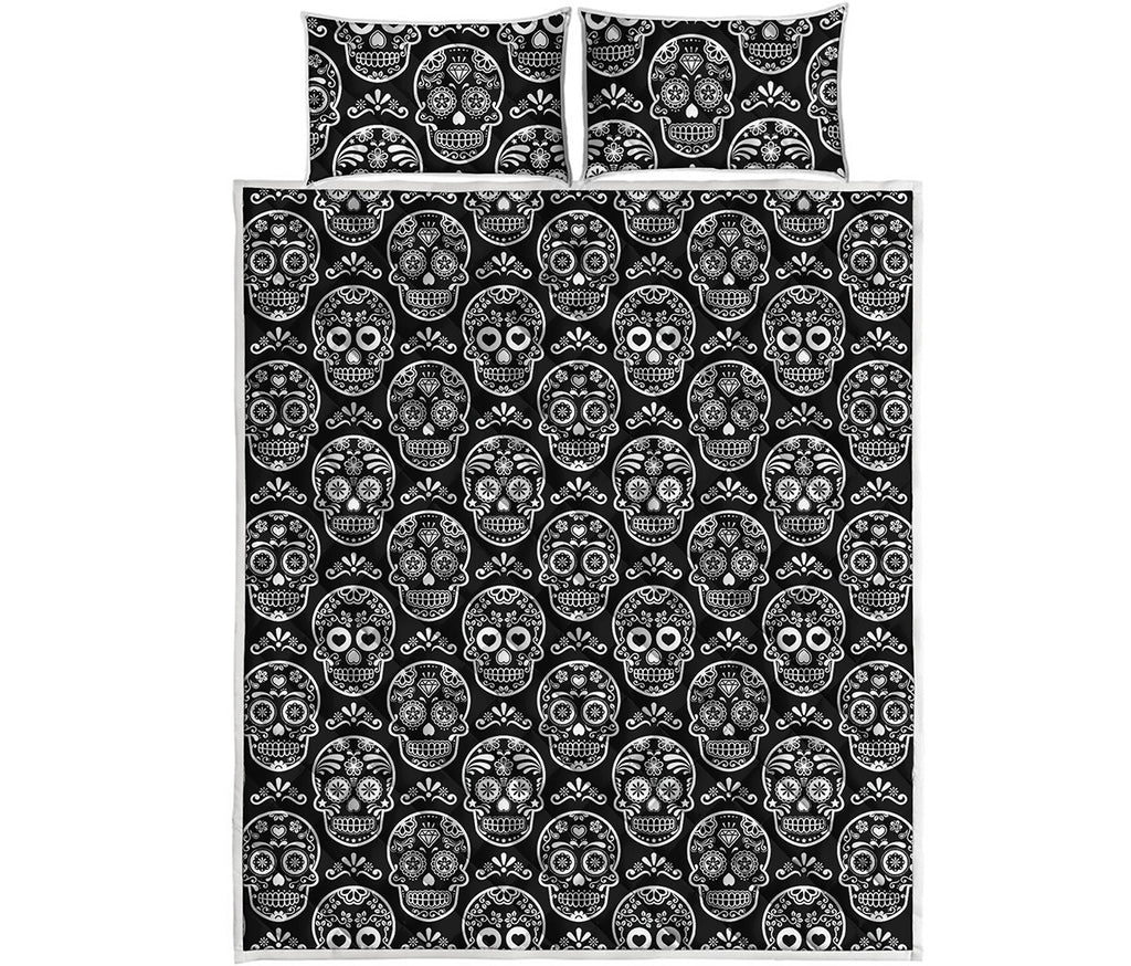 Black And White Calavera Skull Print Quilt Bed Set