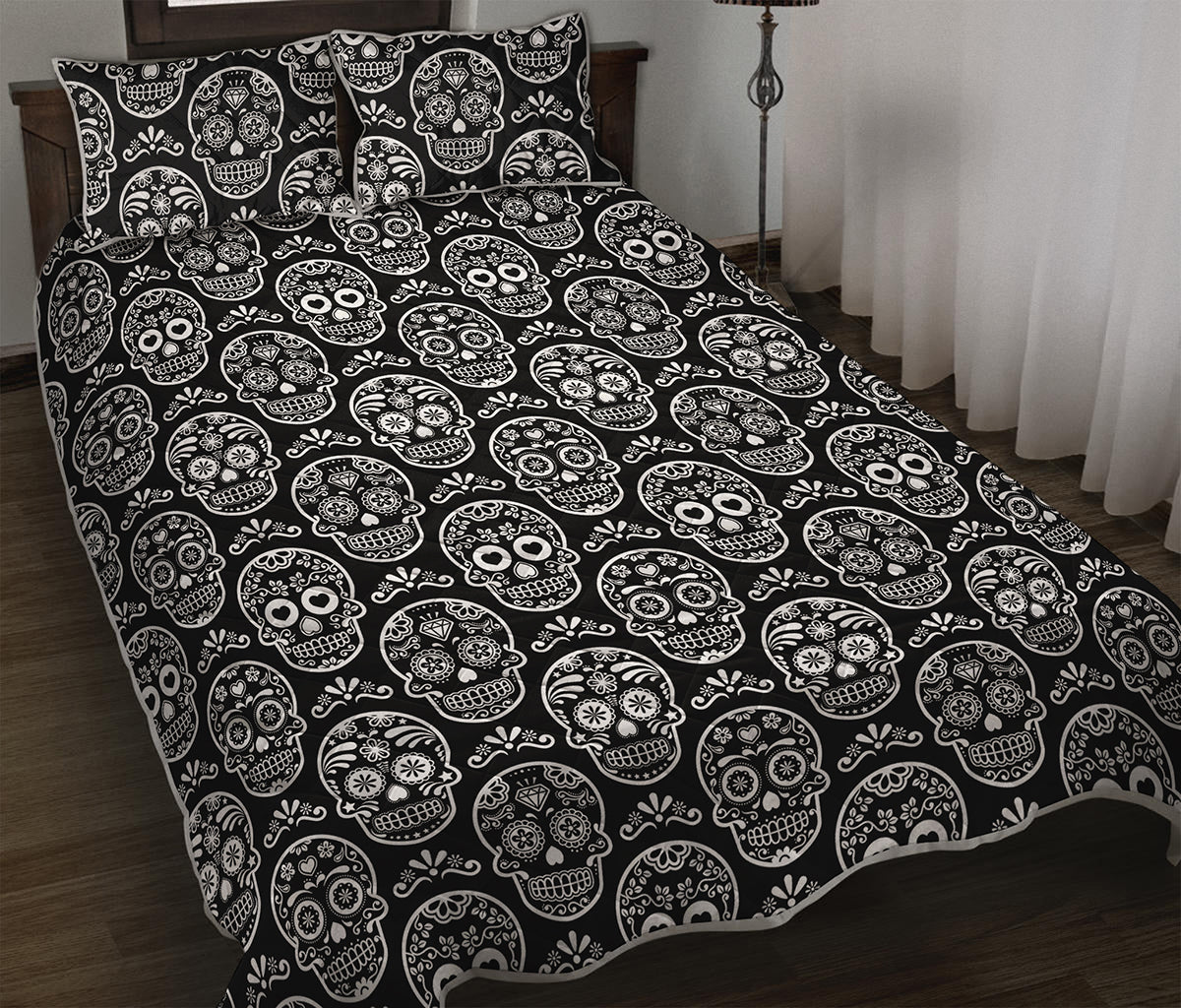 Black And White Calavera Skull Print Quilt Bed Set