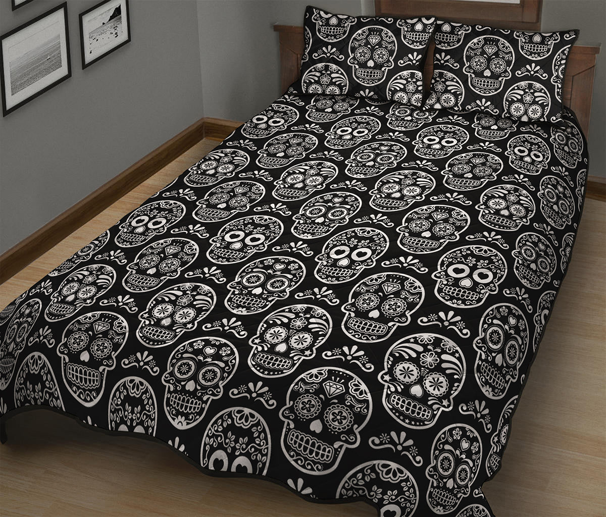 Black And White Calavera Skull Print Quilt Bed Set