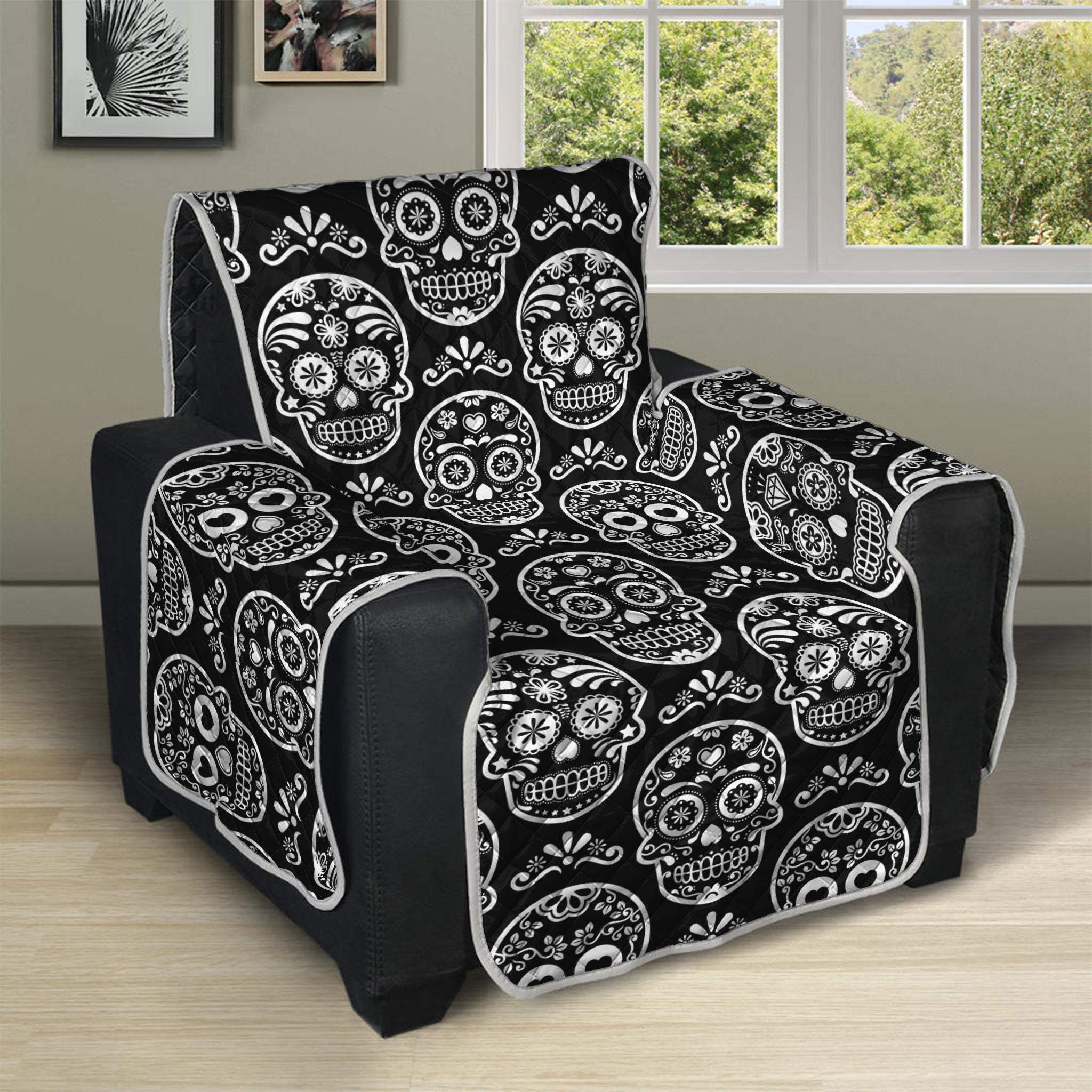 Black And White Calavera Skull Print Recliner Protector