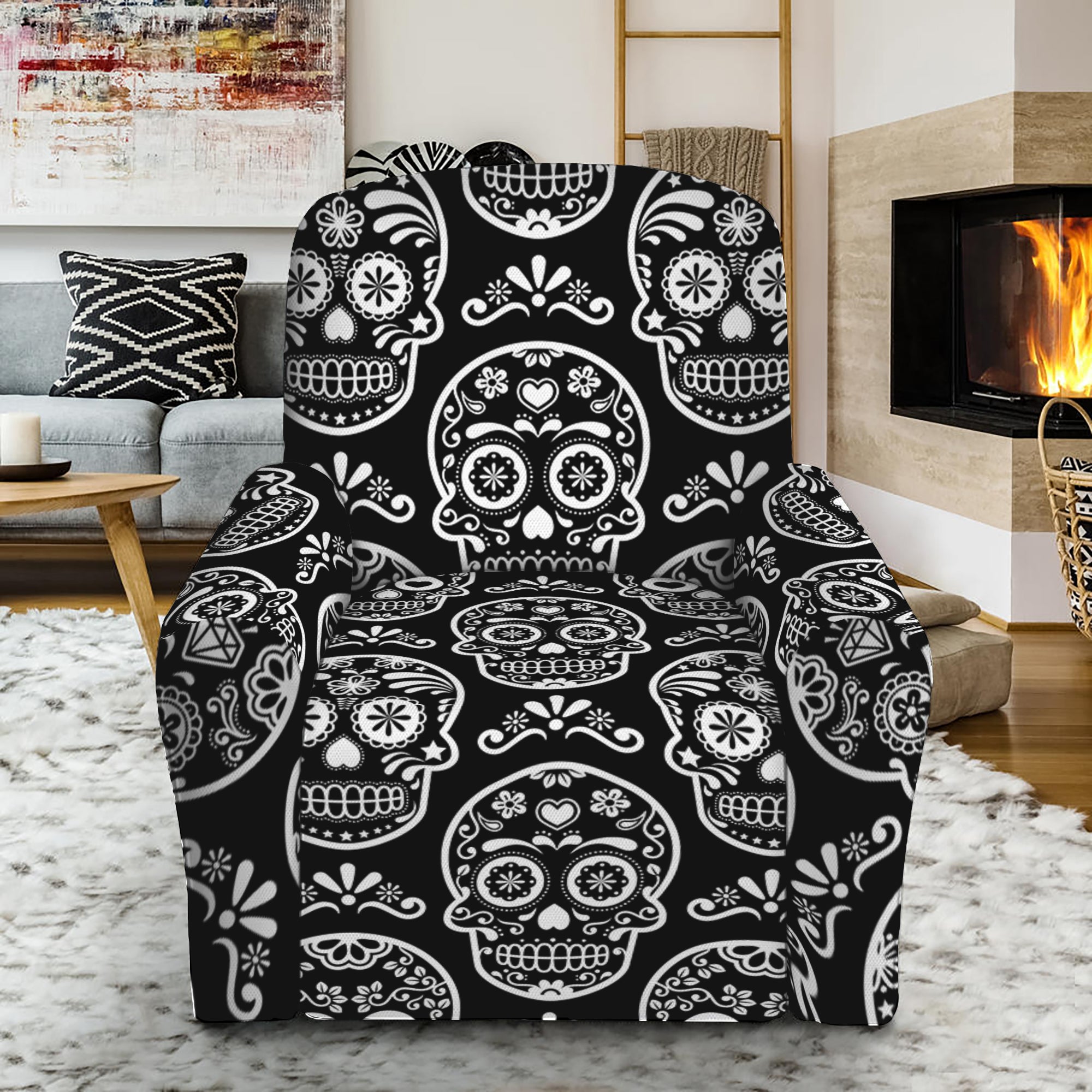 Black And White Calavera Skull Print Recliner Slipcover