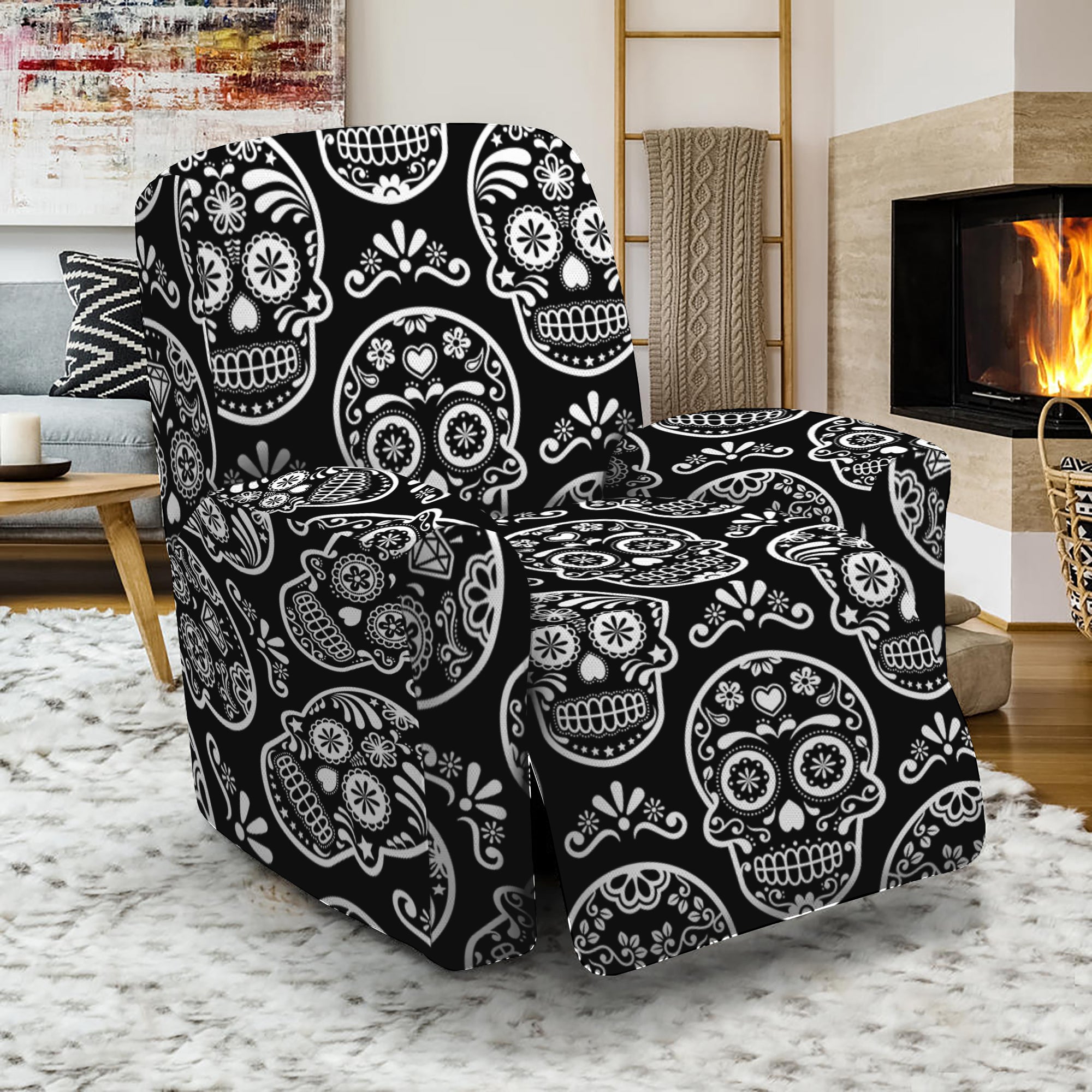 Black And White Calavera Skull Print Recliner Slipcover