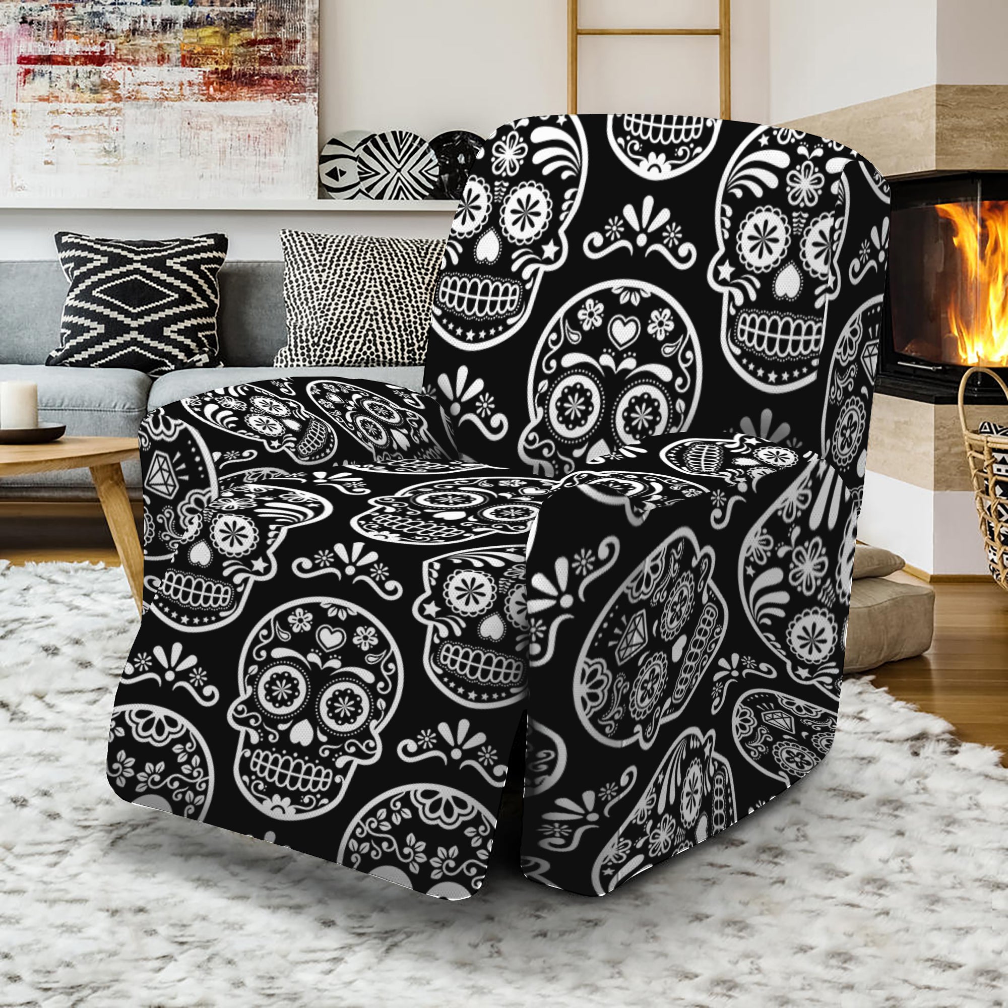 Black And White Calavera Skull Print Recliner Slipcover