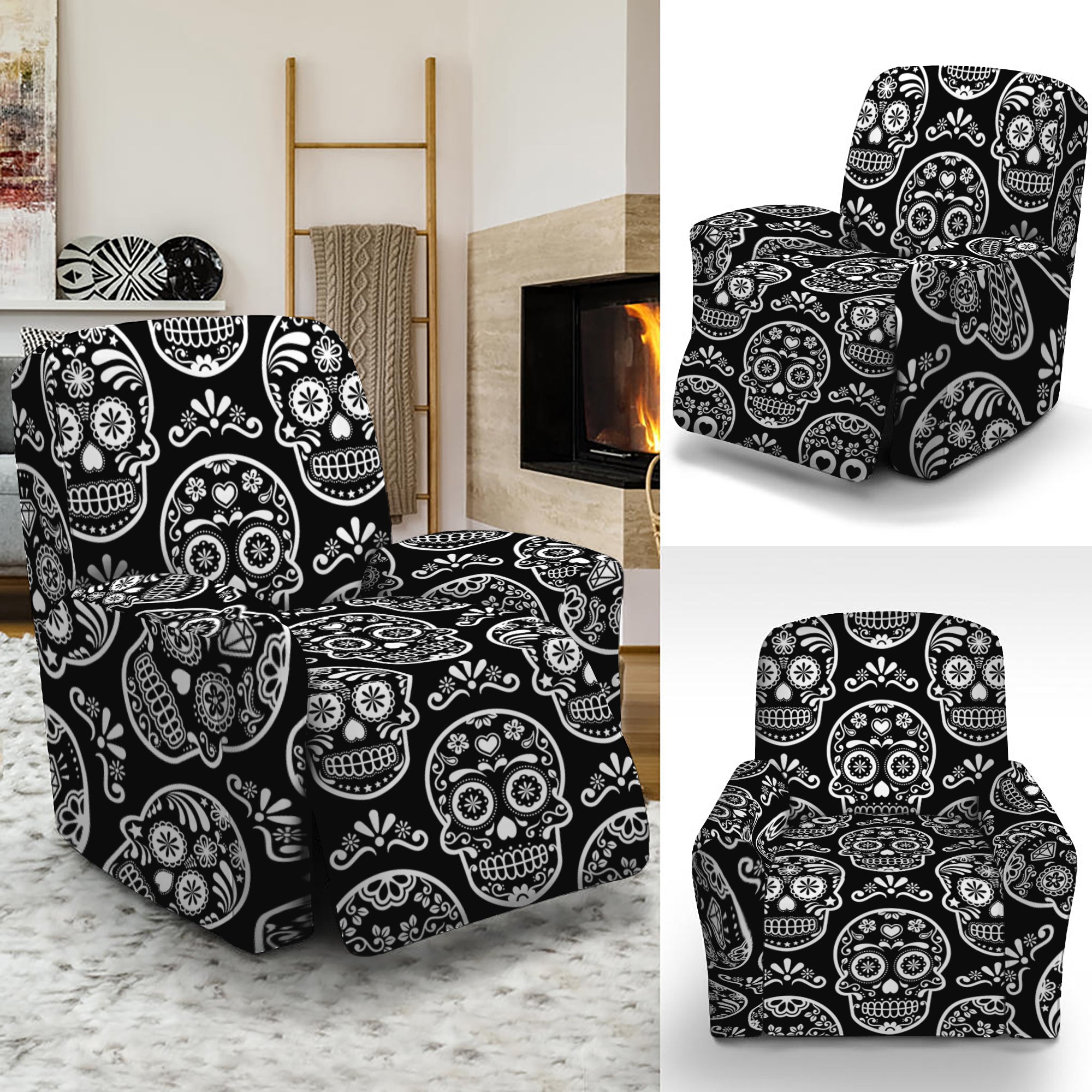 Black And White Calavera Skull Print Recliner Slipcover