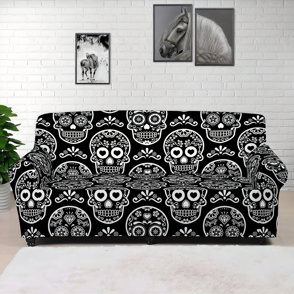 Black And White Calavera Skull Print Sofa Cover