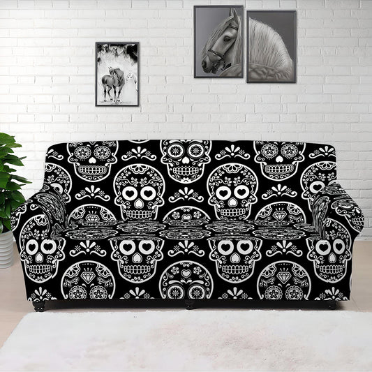 Black And White Calavera Skull Print Sofa Cover
