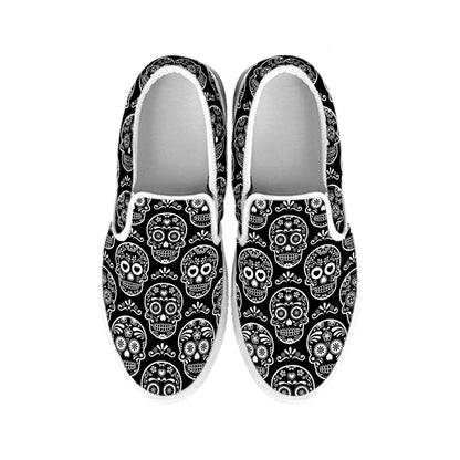 Black And White Calavera Skull Print White Slip On Shoes