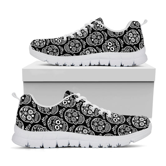 Black And White Calavera Skull Print White Sneakers
