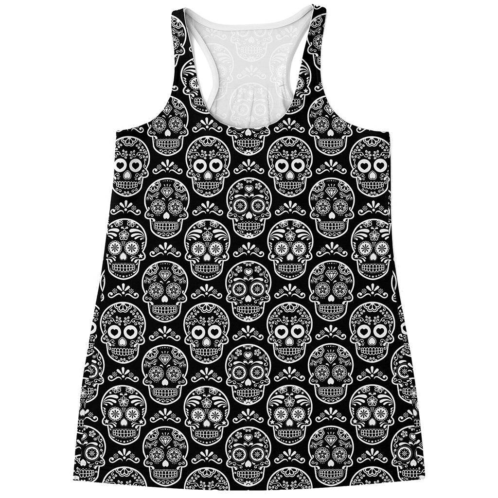 Black And White Calavera Skull Print Women's Racerback Tank Top