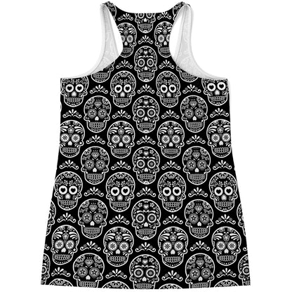 Black And White Calavera Skull Print Women's Racerback Tank Top