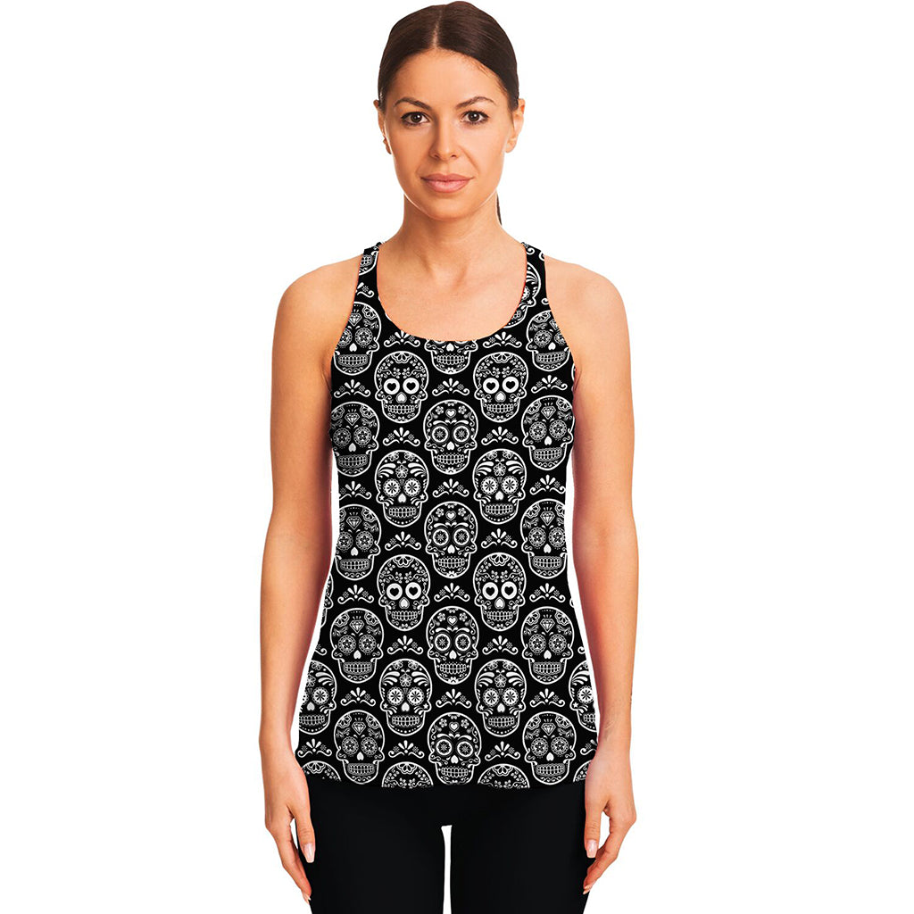 Black And White Calavera Skull Print Women's Racerback Tank Top