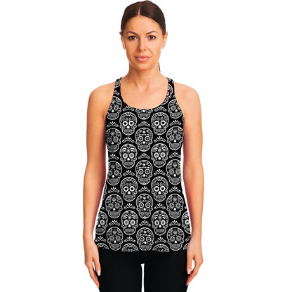 Black And White Calavera Skull Print Women's Racerback Tank Top