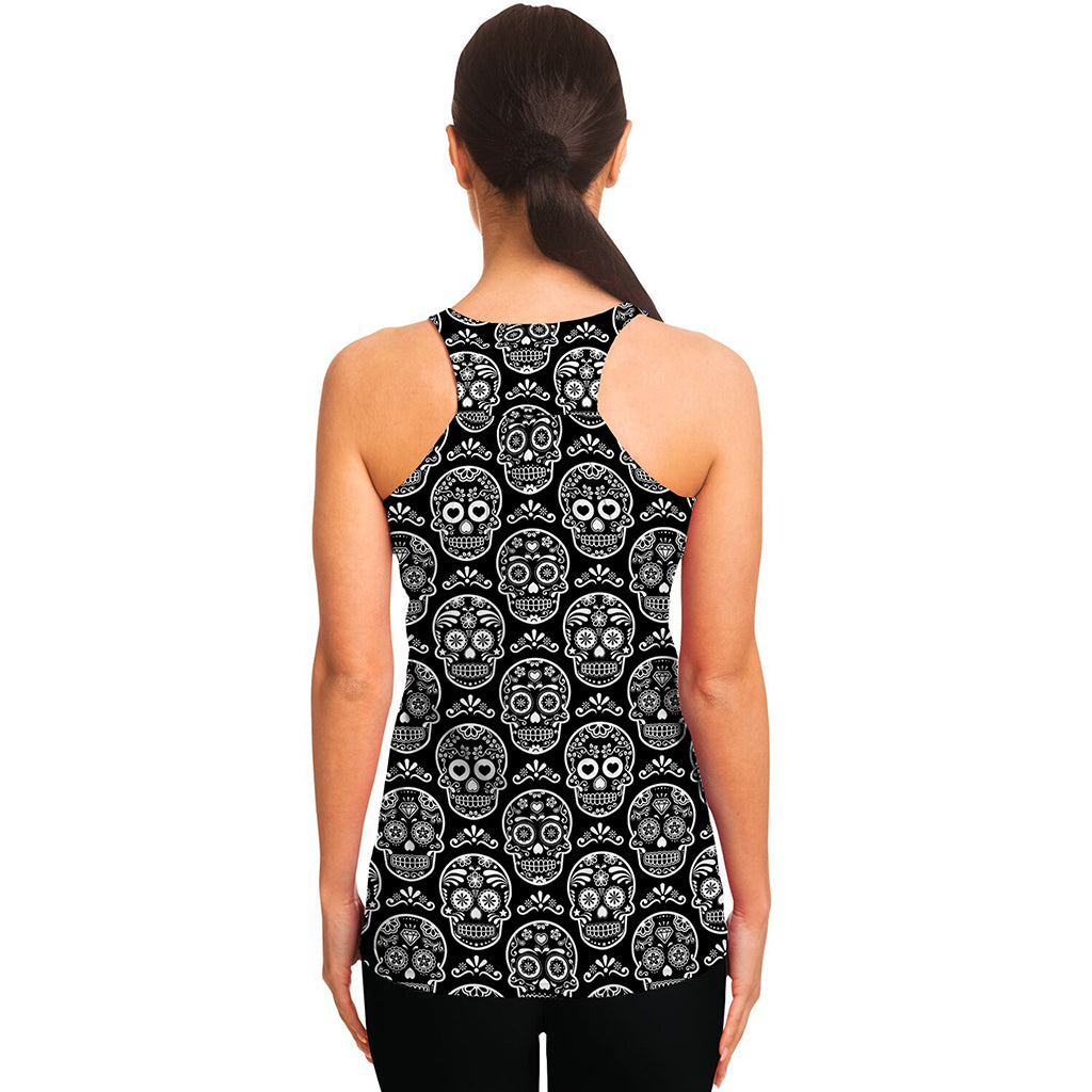 Black And White Calavera Skull Print Women's Racerback Tank Top
